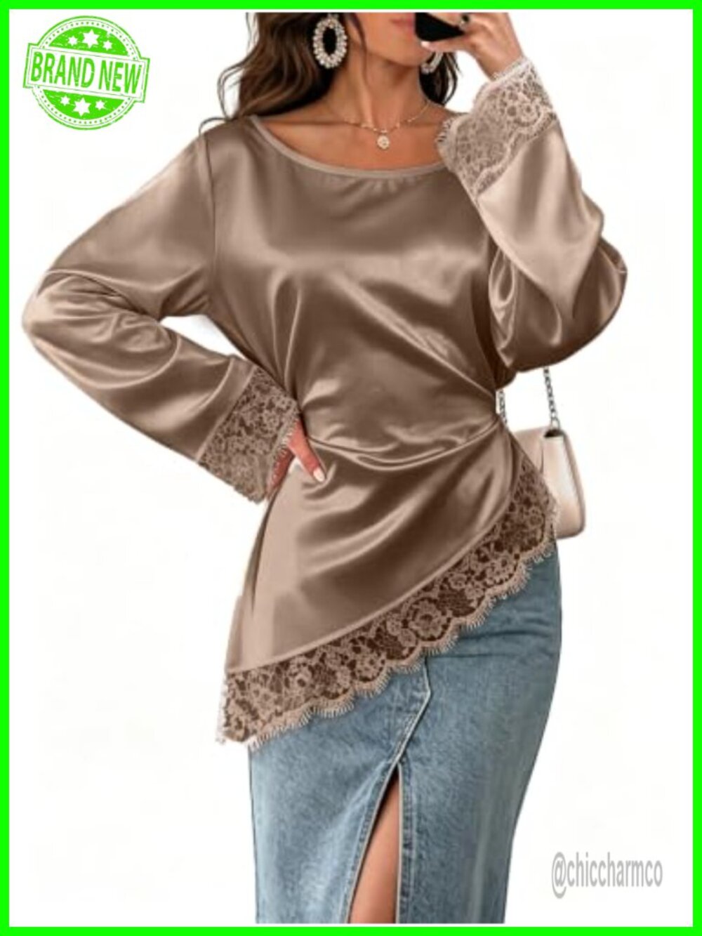 Satin Lace Trim Blouse Long Sleeve Asymmetrical Top with Belt
